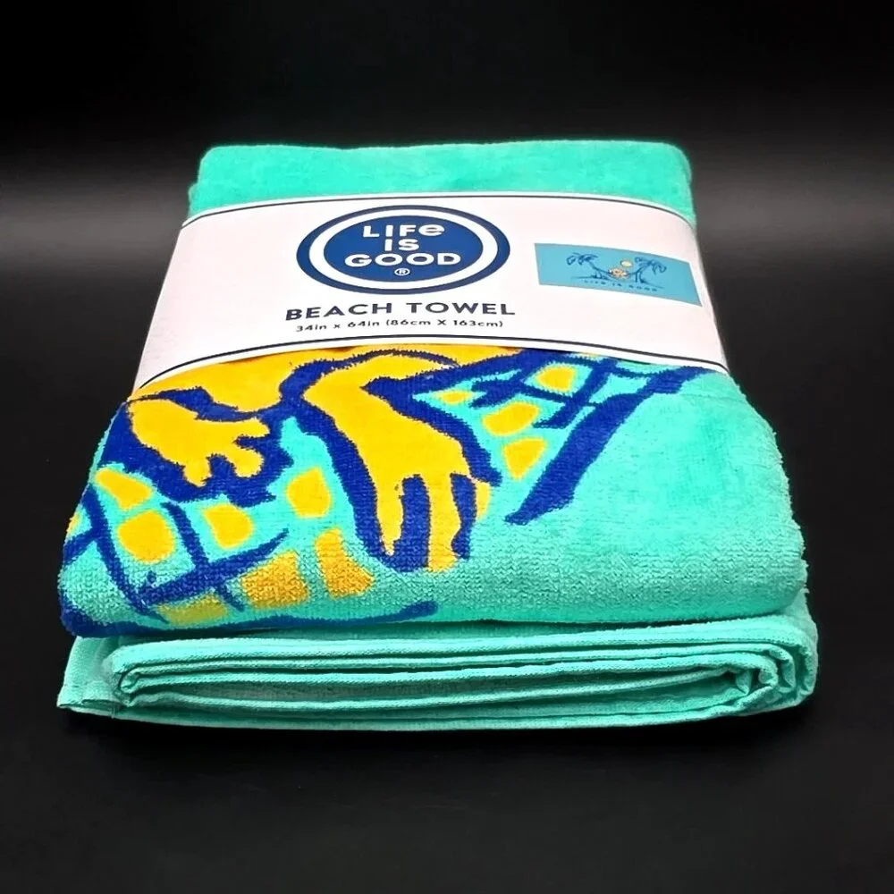 LIFE IS GOOD 100% Cotton Beach Towel Teal & Yellow Size 34